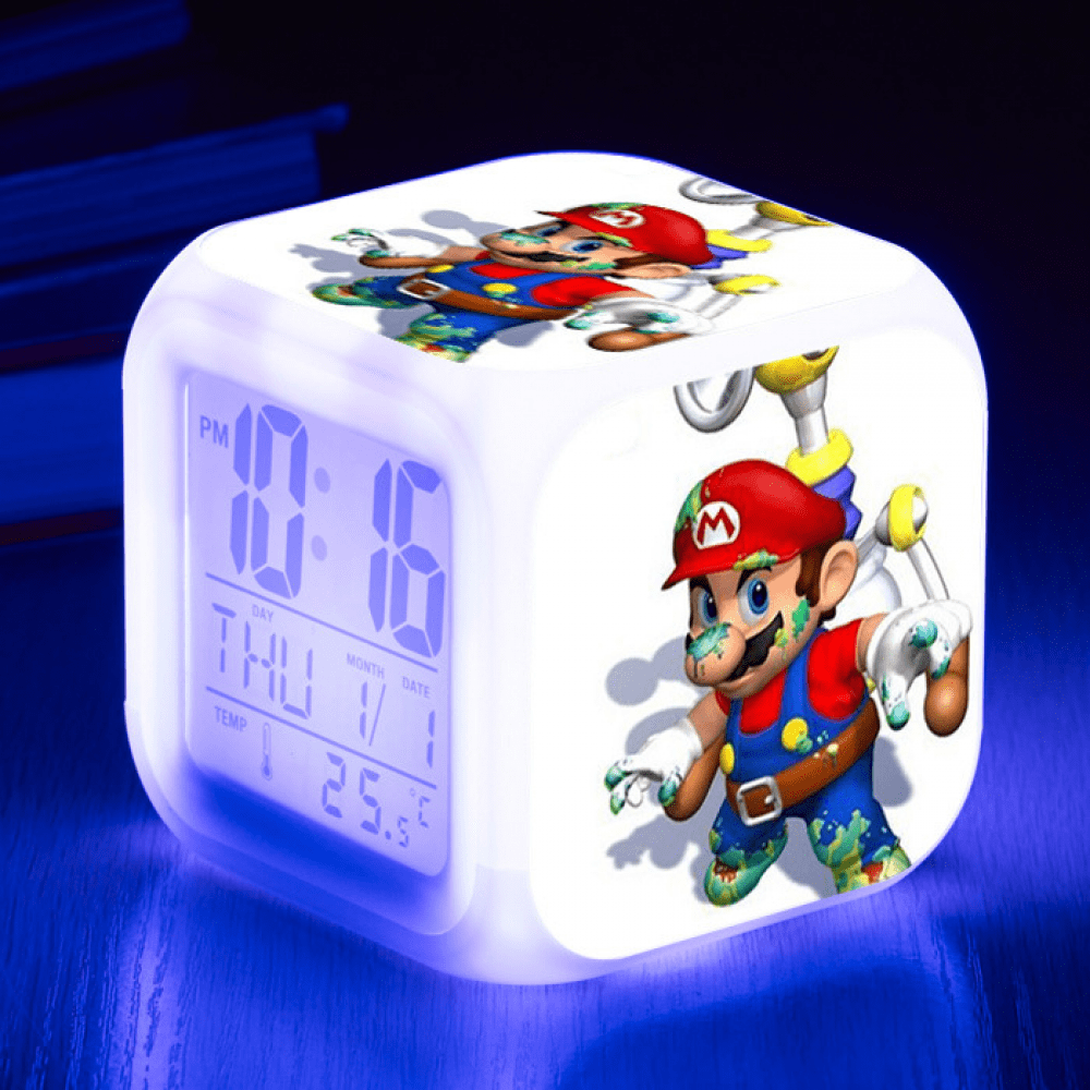 3LED Alarm Clock Cartoon Super Mario Pattern Desk Table Glowing Electronic Colorful Digital Clock for Girl Boy Kids Children Bedroom Toy Birthday Present Gift