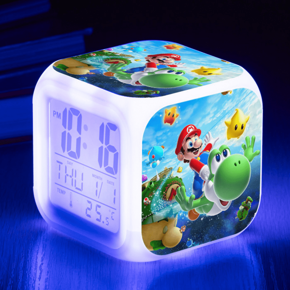 3LED Alarm Clock Cartoon Super Mario Pattern Desk Table Glowing Electronic Colorful Digital Clock for Girl Boy Kids Children Bedroom Toy Birthday Present Gift