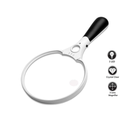 3 LED Lights 3 Lens(3X 4.5X 25X) Magnifier Jumbo Handheld Magnifying Glass,Adult Children Seniors Reading Magnifier for Books, Newspapers, Maps, Coins, Jewelry, Hobbies & Crafts
