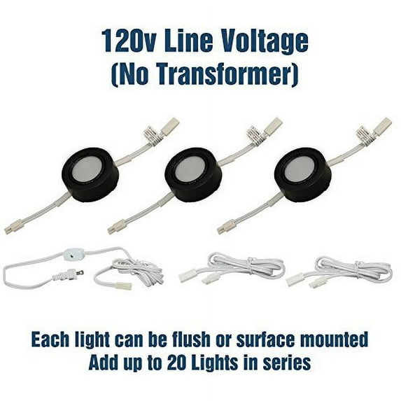 3 LED Puck Light Kit – Black Cover with Warm White Light (3,000k) - Under Cabinet and Furniture - 120v/110v - Dimmable - Line-voltage (No Transformer Needed) (Warm White Light / Black Cover 3 Pack)