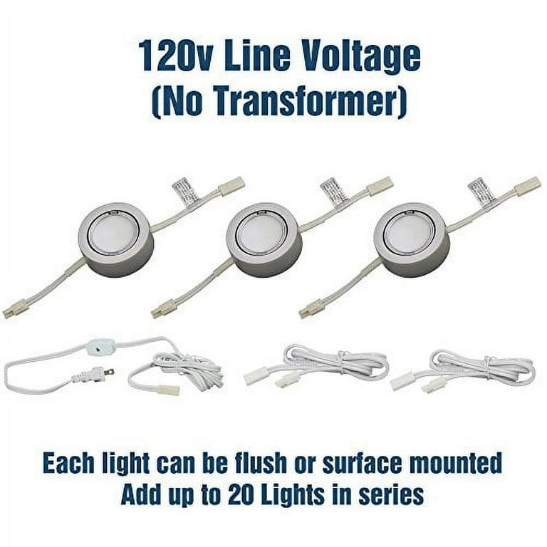 3 LED Puck Light Kit Silver Cover with Cool White Light 6 000k Under Cabinet and Furniture 120v 110v Dimmable Line voltage