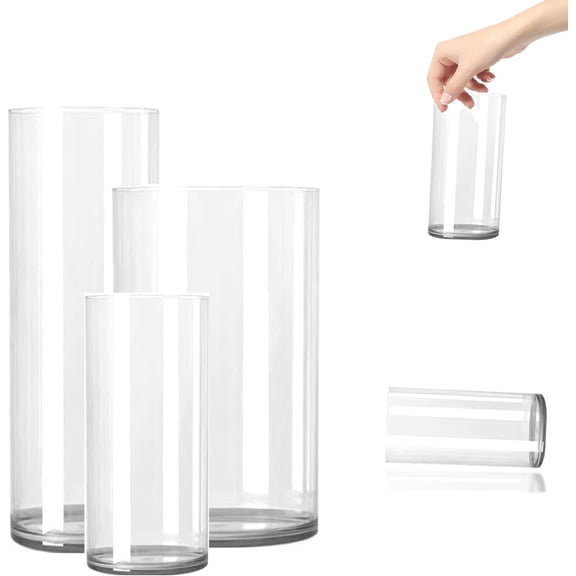 3 Large Acrylic Clear Cylinder Vase Set, Unbreakable Plastic Hurricane VasesDifferent Size Vases for Living Room, Desk, Wedding Centerpieces Flower Bouquet Dcor