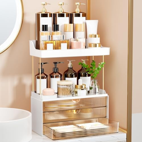 3 Large Drawers Makeup Organizer - 5 Tier Bathroom Counter Organizers and Storage, Versatile Perfume Vanity Organizer, Ideal for Cosmetic, Large Skincare, Face Mask, Office Supplies, Amber