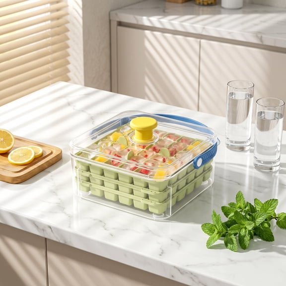 3 Layer 108 Grid Green Ice Model Tray with Press Release, Fast Freezing Large Capacity Food Grade Storage Container, One Click Ice Maker Mold for Home Kitchen Bar Drink Whiskey Cocktail