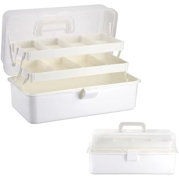 3-Layer 16 Inch Clear Plastic Dividing Storage Box Craft Organizer and Storage with Adjustable Spacers Portable Art Supply Organizer Multipurpose Home Utility Box Sewing Organizers, Beige White