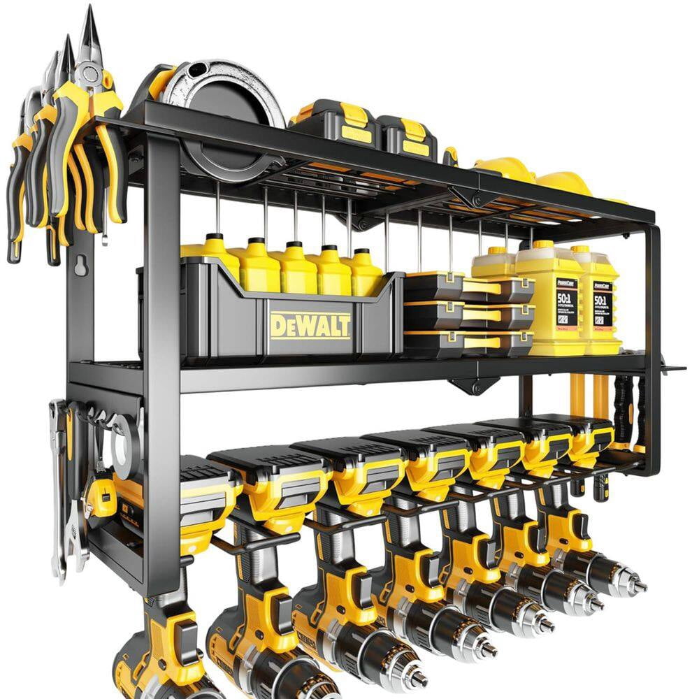 Tool Holder For Racking 3-Layer 26 in. Black Steel Tool Rack, 150 lbs. Load Capacity, 7-Drill ...