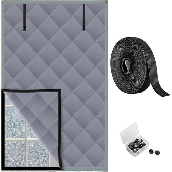 3 Layer 63 x 47 Inches Winter Insulated Window Curtain-Oxford Thermal Insulated Window Blanket with Fastener-Gray Window Insulation Kit for Winter Keeping Warm