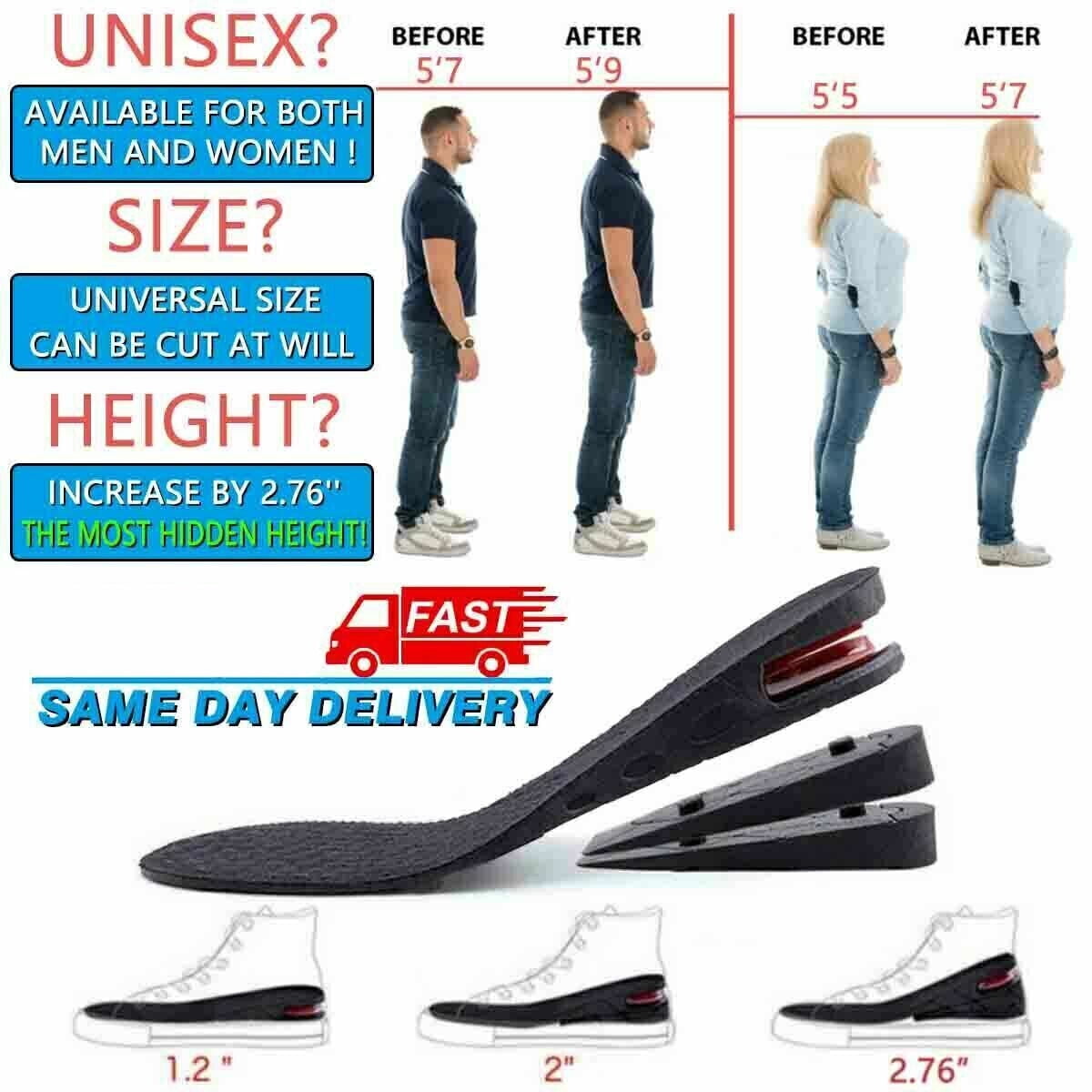 3Layer 7CM Height Increase Elevator Insoles Pads Soles Foot Pad