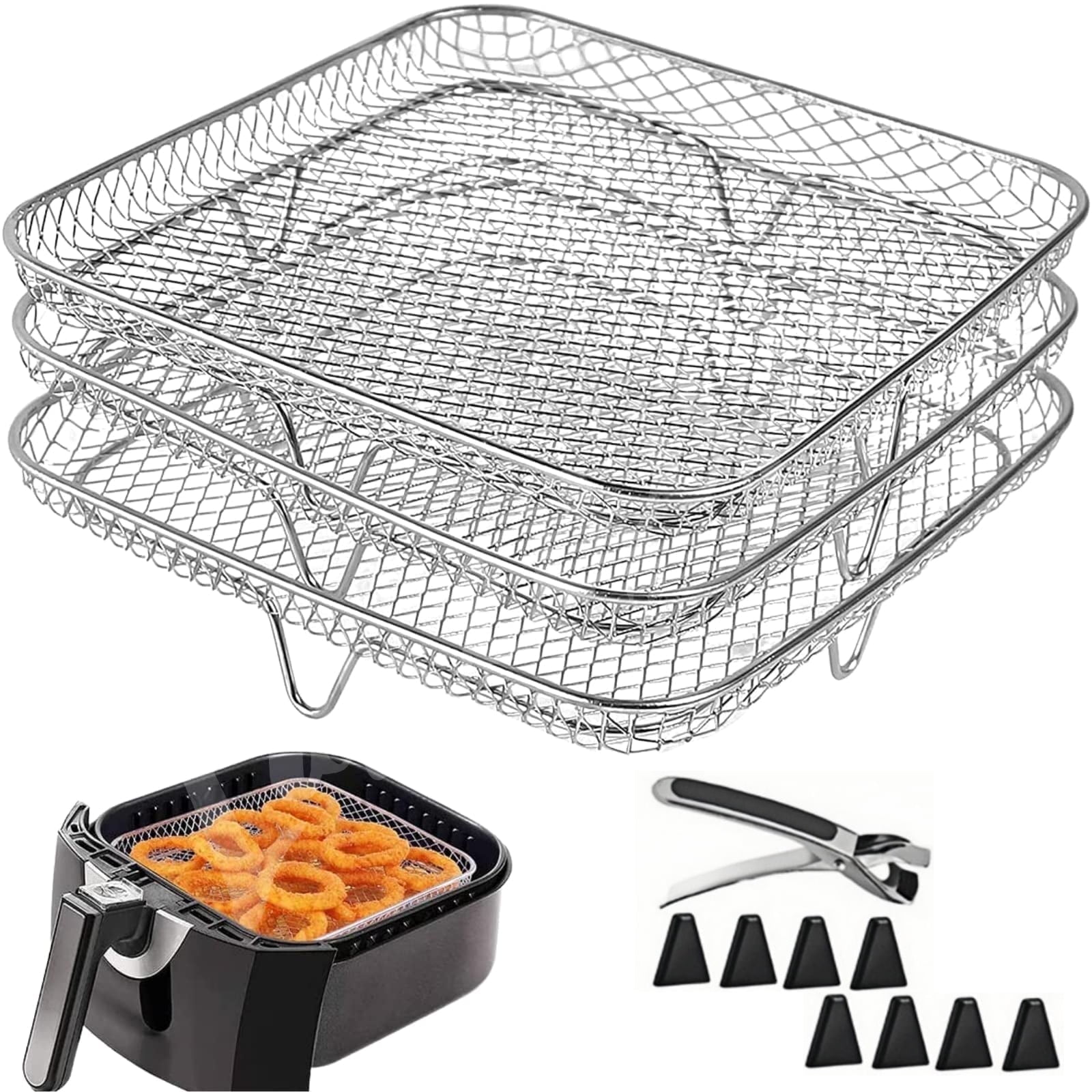 CHENALIN Air Fryer Accessories, 3 Stackable Dehydrator Racks, 304 Stainless Steel For Air Fryer and Oven, 8 Inch Square
