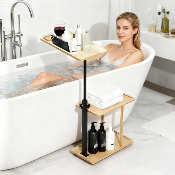 3-Layer Bamboo Bathtub Tray Table with 360 Swivel, Height-Adjustable for Freestanding or Wall-Mounted Tubs, Natural Finish
