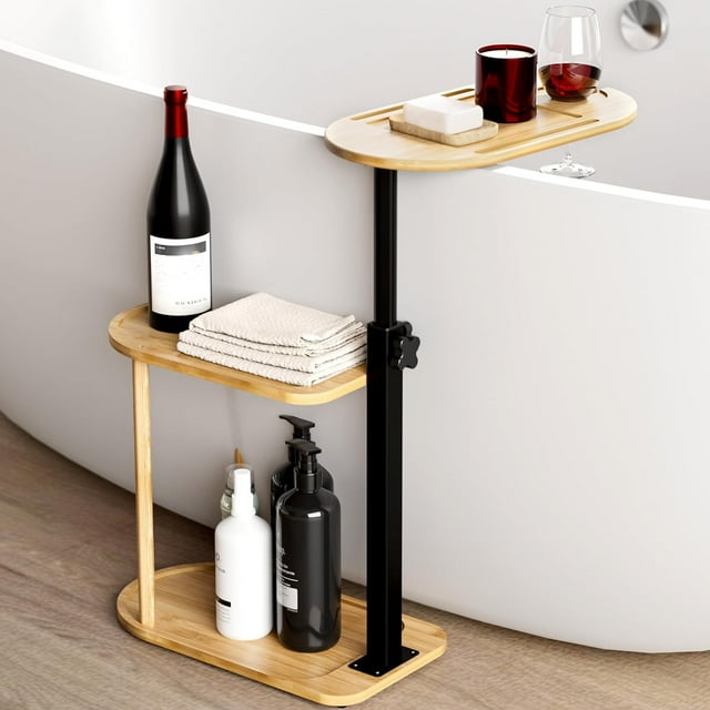 3 Layer Bamboo Bath Tub Tray Table, Freestanding Caddy for Spa