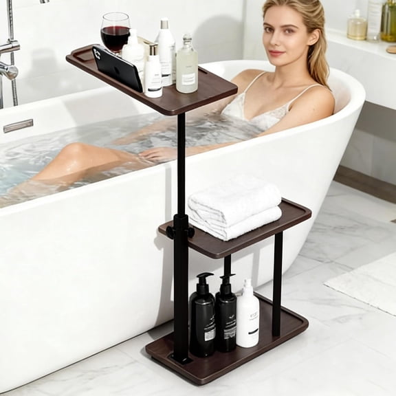 3 Layer Bathtub Tray Table,Bamboo Swivel Bathtub Side Table Height Adjustable,Freestanding Bathtub Tray for Tub Against Wall,Bathtub Accessories&Bathroom Organizer for Luxury Home Spa