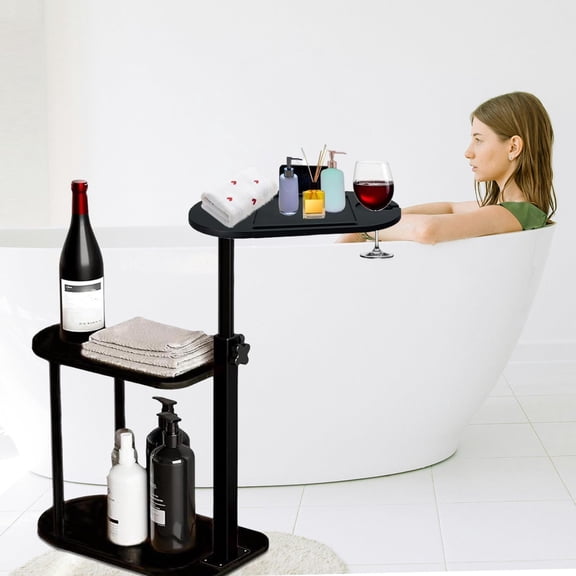 3 Layer Bathtub Tray Table,Bamboo Swivel Bathtub Side Table Height Adjustable,Freestanding Bathtub Tray for Tub Against Wall,Bathtub Accessories&Bathroom Organizer for Luxury Home Spa (Black)