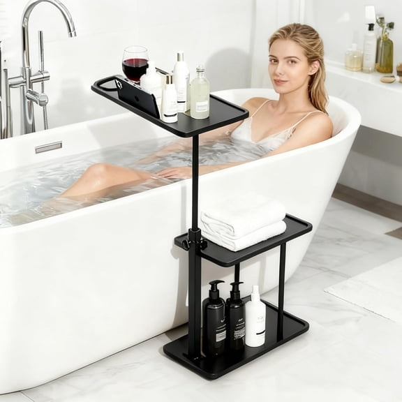 3 Layer Bathtub Tray Table,Bamboo Swivel Bathtub Side Table Height Adjustable,Freestanding Bathtub Tray for Tub Against Wall,Bathtub Accessories&Bathroom Organizer for Luxury Home Spa