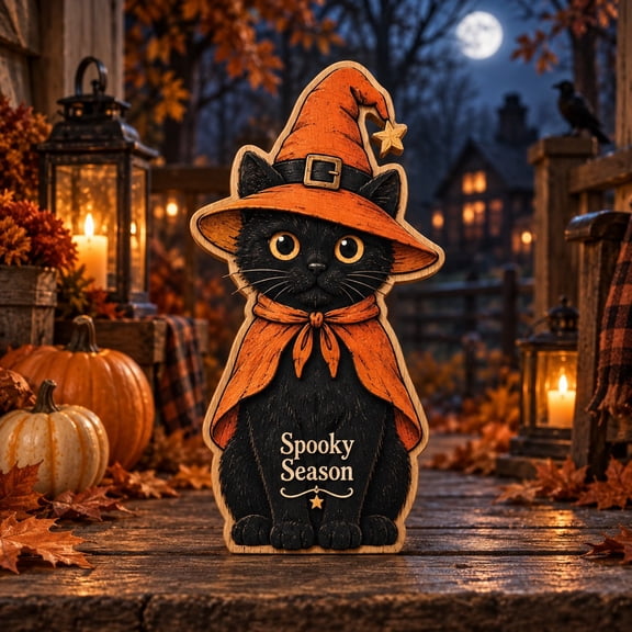 3 Layer Black Cat Wooden Stand, Spooky Season Witch Hat Tabletop Accent for Halloween