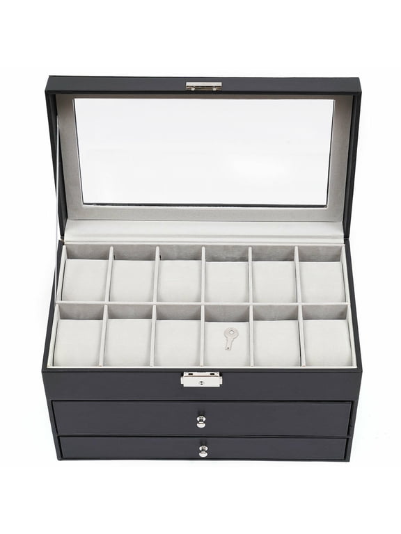 3 Layer Black Leather 12 Slots Watch Display Jewerly Case Box Metal Lock for Valentine's Day Mother's Day Thanksgiving Christmas