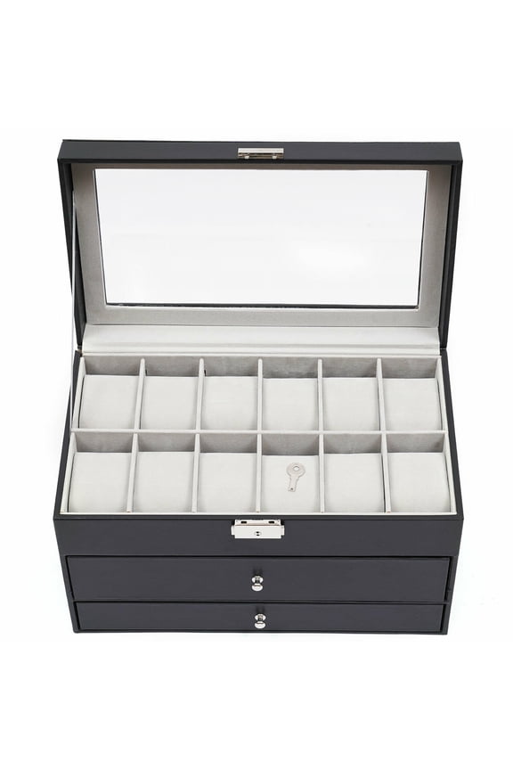 3 Layer Black Leather 12 Slots Watch Display Jewerly Case Box Metal Lock for Valentine's Day Mother's Day Thanksgiving Christmas