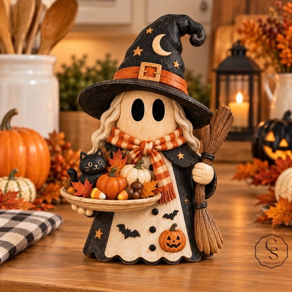 3-Layer Block Cute Witch Halloween Wooden Tabletop Decoration for Seasonal Collectors
