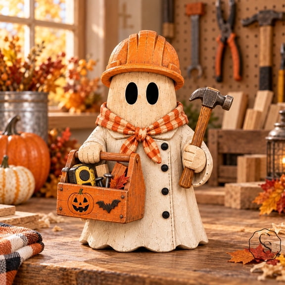 3-Layer Block Decor Halloween Construction Ghost Wooden Shelf Sitter for Builders