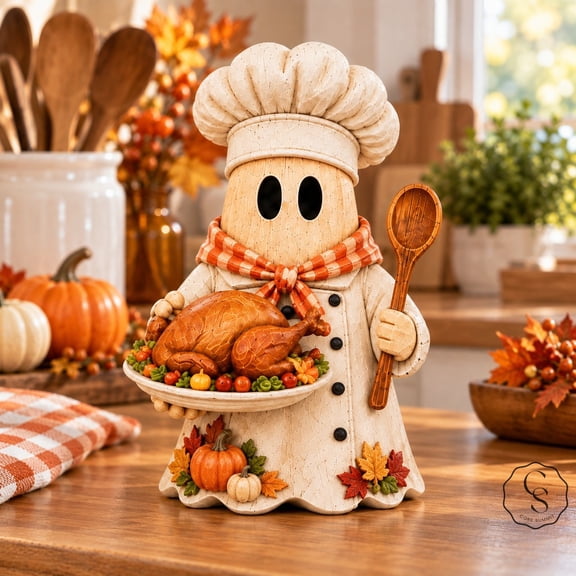 3-Layer Block Ghost Baker Halloween Wooden Kitchen Shelf Accent for Hosts