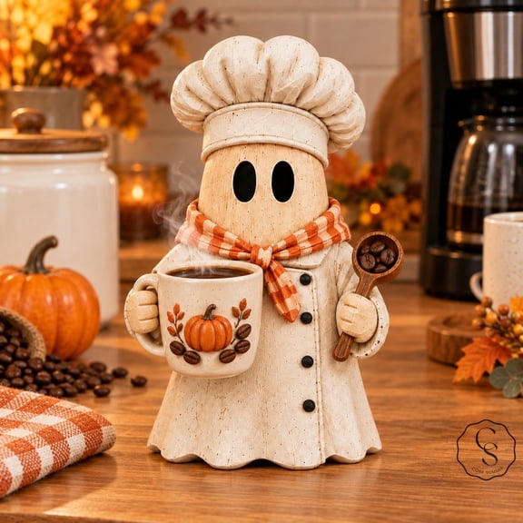 3-Layer Block Halloween Ghost Chef Wooden Kitchen Shelf Sitter for Coffee Lovers