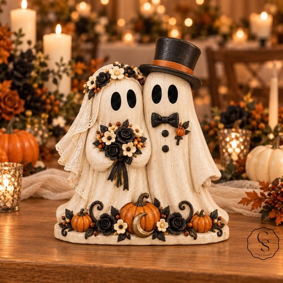 3-Layer Block, Halloween Ghost Wedding Couple, Wooden Shelf Sitter for Fall Celebrations