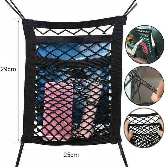3-Layer Car Mesh Organizer, Seat Back Net Bag, Barrier of Backseat Pet Kids, Cargo Tissue Purse Holder, Driver Storage Netting Pouch