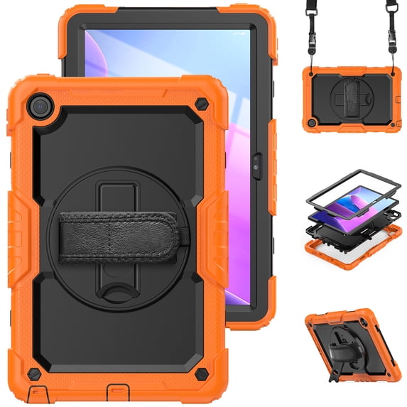 3 Layer Case for Lenovo Tab M10 FHD Plus 10.3" 2020, for Kids Heavy Duty Protective Case with Screen Protector & Stylus Holder & 360 Rotating Stand Hand/Shoulder Strap, Orange
