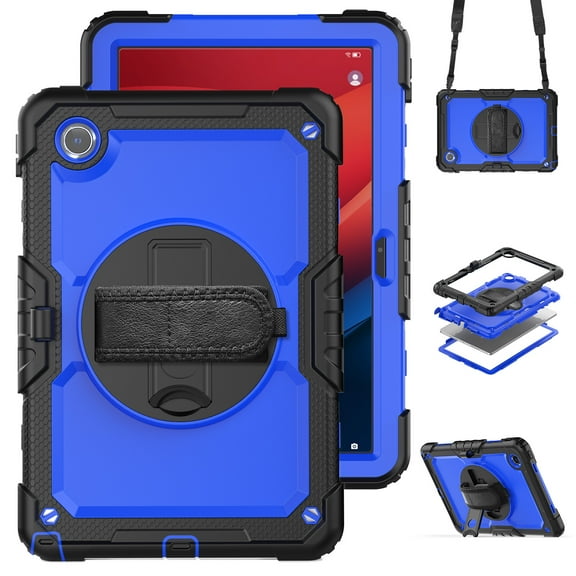 3 Layer Case for Lenovo Tab M11 11" 2024, for Kids Heavy Duty Protective Case with Screen Protector & Stylus Holder & 360 Rotating Stand Hand/Shoulder Strap for Lenovo Tab M11, Blue+Black
