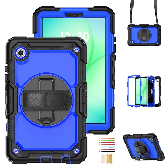 3 Layer Case for Lenovo Tab One/Tab K9 2025 (TB-305FU) 8.7 Inch, for Kids Heavy Duty Protective Case with Screen Protector & Stylus Holder & 360 Rotating Stand Hand/Shoulder Strap, Blue+Black