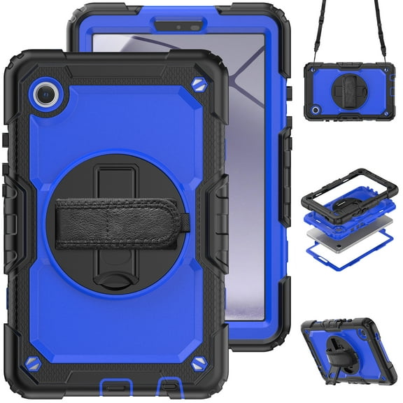 3 Layer Case for Samsung Galaxy Tab A9+ 11.0" 2023 SM-X210 / X215 / X216, for Kids Heavy Duty Protective Case with Screen Protector & Pen Holder & 360 Rotating Stand Hand/Shoulder Strap, Blue+Black