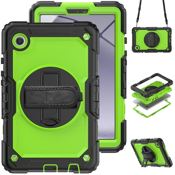 3 Layer Case for Samsung Galaxy Tab A9 8.7" 2023 SM-X110 / SM-X115, for Kids Heavy Duty Protective Case with Screen Protector & Stylus Holder & 360 Rotating Stand Hand/Shoulder Strap, Green+Black