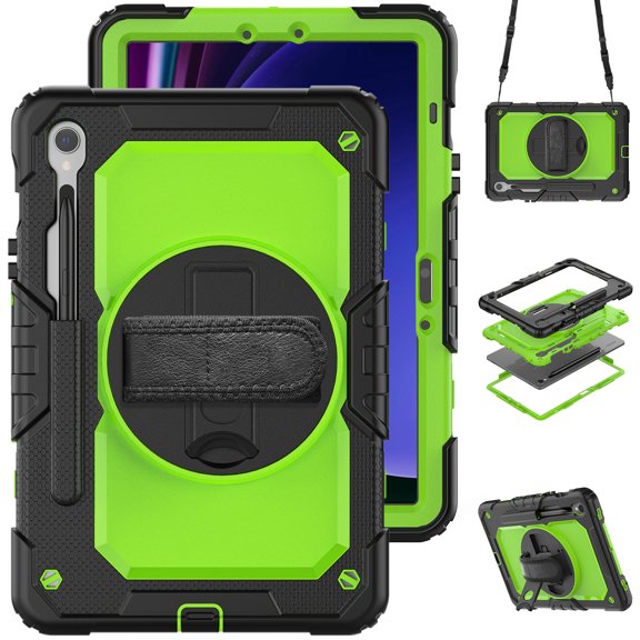 3 Layer Case for Samsung Galaxy Tab S9 11" 2023/S9 FE 10.9" 2023, for Kids Heavy Duty Protective Case with Screen Protector & Stylus Holder & 360 Rotating Stand Hand/Shoulder Strap, Green+Black
