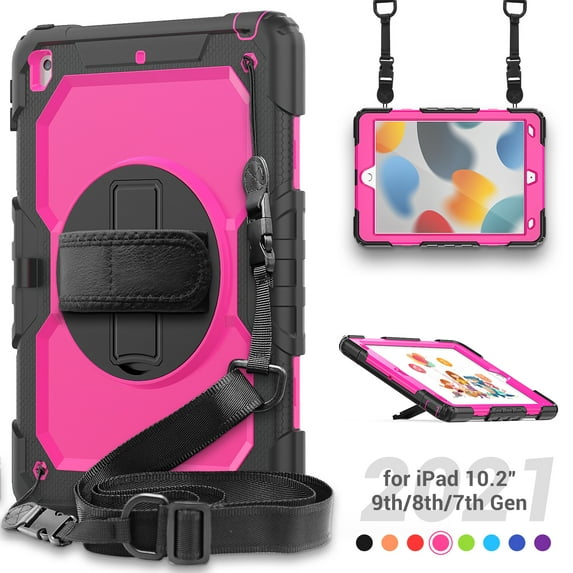 3 Layer Case for iPad 10.2 Inch 9th/8th/7th 2021/2020/2019, for Kids Heavy Duty Protective Case with Screen Protector & Stylus Holder & 360 Rotating Stand and Hand/Shoulder Strap Cover, Rose+Black