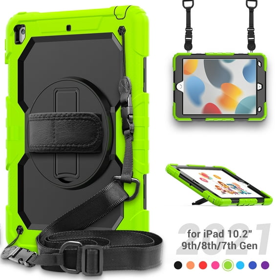 3 Layer Case for iPad 10.2 Inch 9th/8th/7th 2021/2020/2019, for Kids Heavy Duty Protective Case with Screen Protector & Stylus Holder & 360 Rotating Stand and Hand/Shoulder Strap Cover, Green