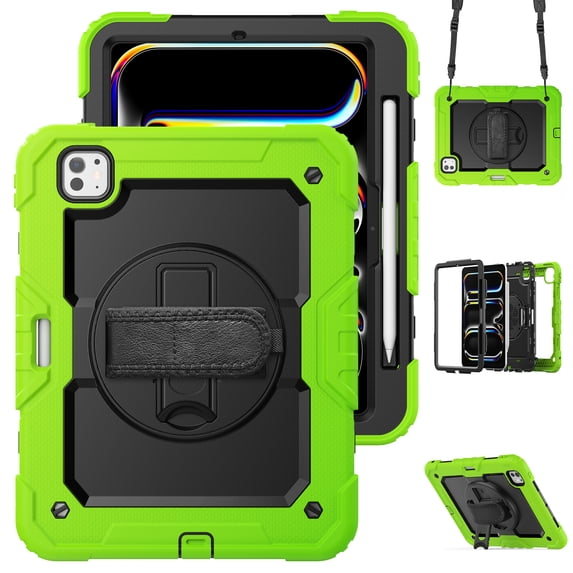 3 Layer Case for iPad Pro 11 2022/2021/2020/2018/Air4/Air5, for Kids Heavy Duty Protective Case with Screen Protector & Stylus Holder & 360 Rotating Stand and Hand/Shoulder Strap Cover - Green