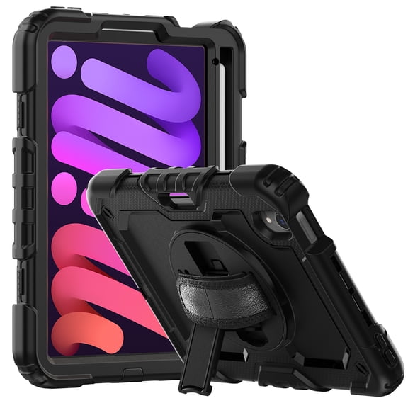 3 Layer Case for iPad mini 6th Gen 8.3" 2021, for Kids Heavy Duty Protective Case with Screen Protector & Stylus Holder & 360 Rotating Stand and Hand/Shoulder Strap Cover for iPad mini 6, Black