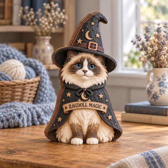 3 Layer Cat Halloween Plaque, Ragdoll Witch Wooden Tabletop Display for Feline Lovers