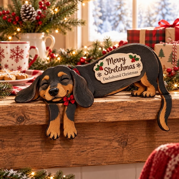 3-Layer Christmas Dog Wooden Self Sitter, Stretching Dachshund Shelf Accent for Pet Lovers