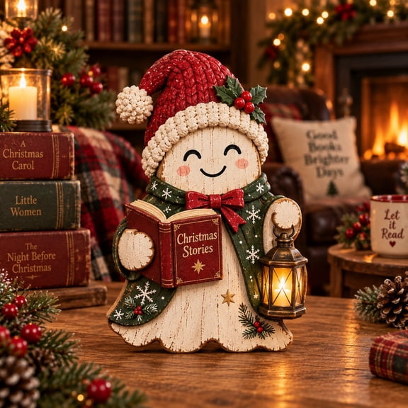 3-Layer Christmas Ghost Tabletop Stand, Storybook Lantern Wooden Shelf Display for Book Lovers