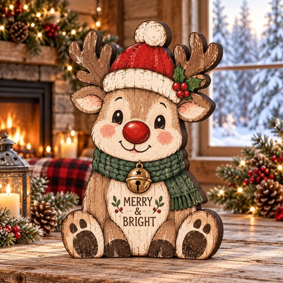 3 Layer Christmas Reindeer Wooden Stand, Rustic Tabletop Display for Holiday Hosts