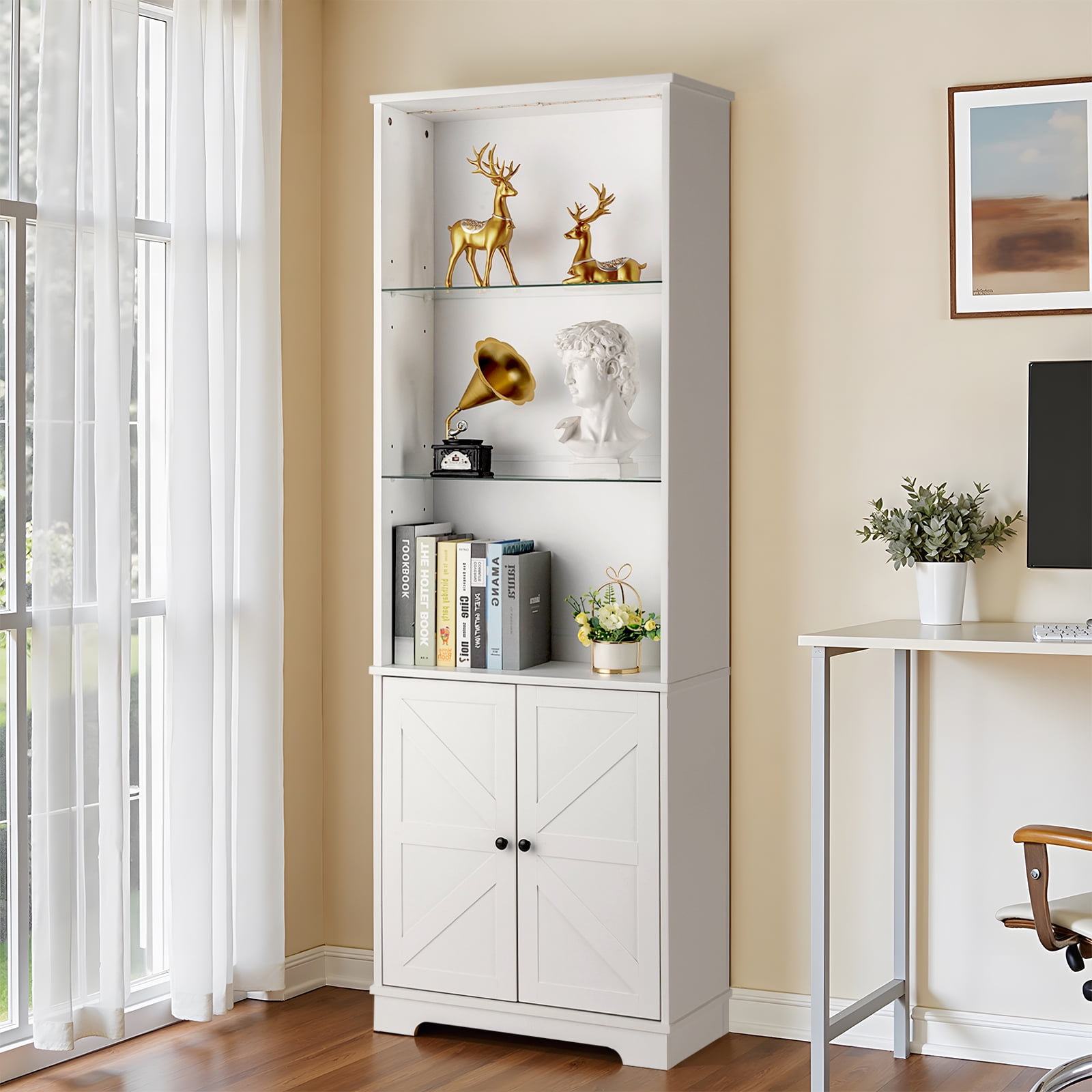 3-Layer Display Cabinet, Glass Shelf With 2 Doors Double Z Shape Led Light Strip Front Curved Base Feet Triammine Board, White/60*23.5*180cm