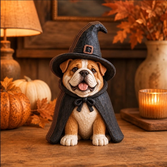 3-Layer Dog Halloween Plaque, Bulldog Witch Wooden Tabletop Display for Pet Lovers