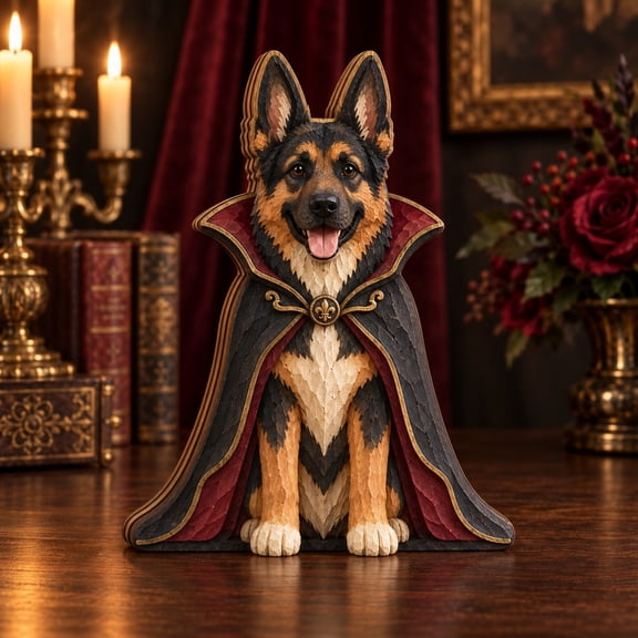 3-Layer Dog Halloween Wooden Plaque, Vampire German Shepherd Tabletop Accent for Pet Lovers