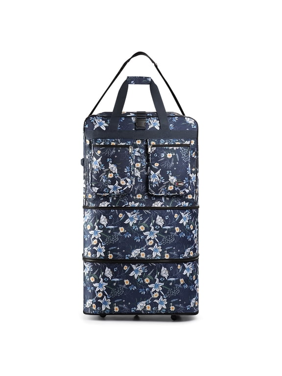 30" Expandable Rolling Duffel Bag with Wheels, Collapsible Large Capacity Travel Bag, Blue Lilies, Ex30