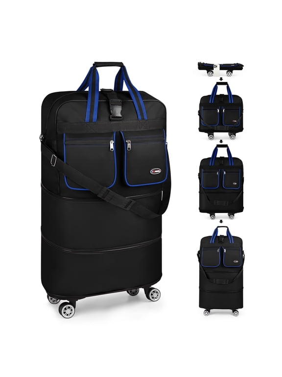 30" Expandable Foldable Luggage Bag,Collapsible Suitcases with Wheels,Lightweight Rolling Duffle Bag for Travel, Moving, Home Storage, Blue/Trim, MEX