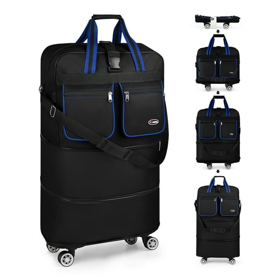 30" Expandable Foldable Luggage Bag,Collapsible Suitcases with Wheels,Lightweight Rolling Duffle Bag for Travel, Moving, Home Storage, Blue/Trim, MEX