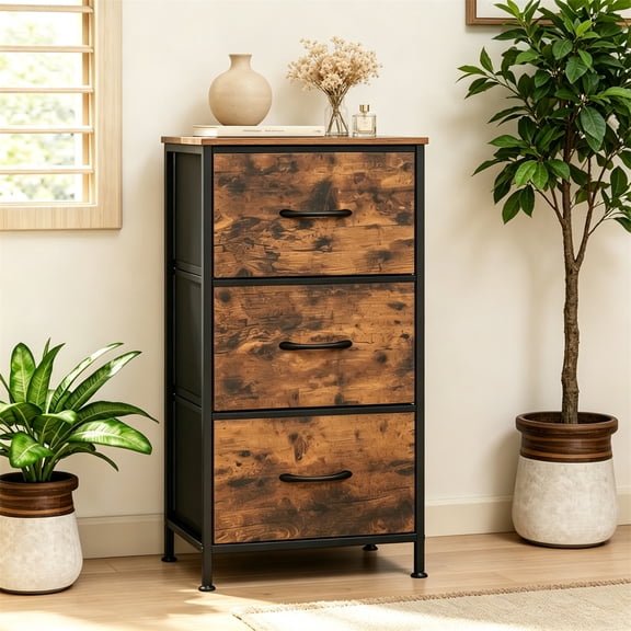3-Layer Fabric Storage Cabinet Vertical Narrow Dresser Tower, Anti-Toppling Tall Organizer with Adjustable Foot Pads, Multi-Purpose Nightstand(Brown)