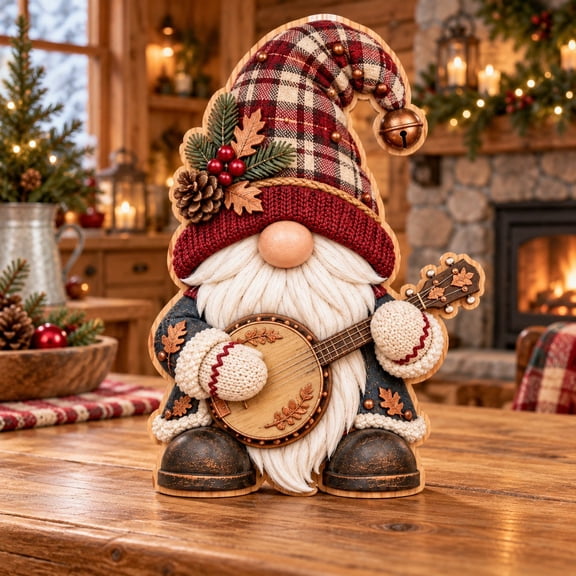 3 Layer Fall Gnome Wooden Block, Banjo Player Tabletop Decoration for Music Lovers