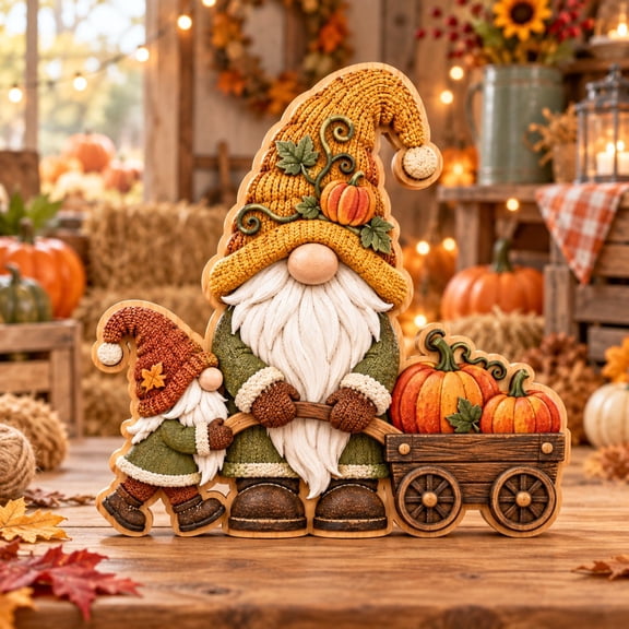 3 Layer Fall Gnome Wooden Block Pumpkin Wagon Tabletop Shelf Accent for Autumn Gift Giving